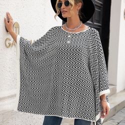 Chevron Pattern Contrast Trim Poncho Sweater XL