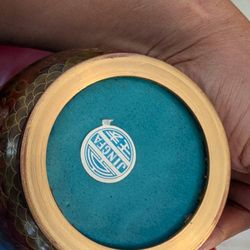 Two Vintage 20th C. Chinese 10 1/4 Red Orange Cloisonne Enamel Brass Vase Bud Decor