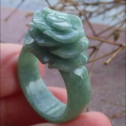 106624 VS Certified JADEITE Jade Hand Carved Green Rose Flower Ring Size8