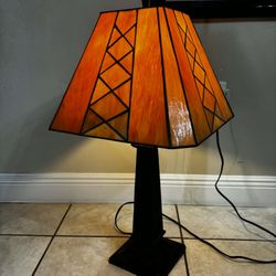 Vintage Leaded Carmel -Brown Slag Stained Glass Shade Table Lamp