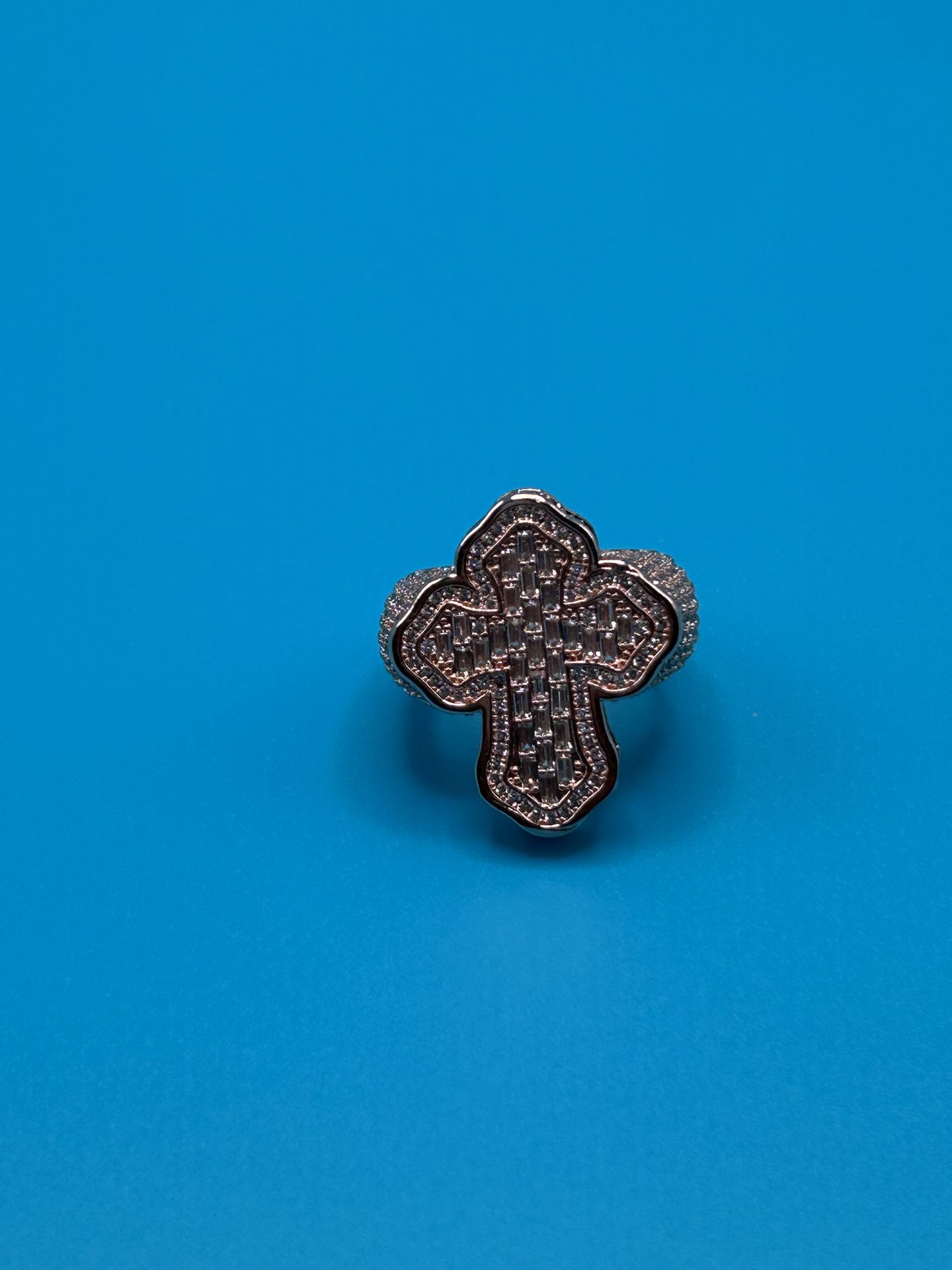 Iced Out Diamonds Baugette Jesus Cross Ring Rose Gold