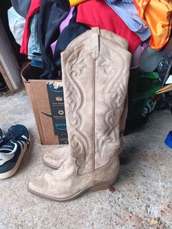 Tan Suede Knee-High Cowboy Boots