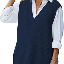 Women's Size M Oversized V Neck Knit Sweater Vest Tunic Sleeveless Pullover Top Navy Blue #255/1