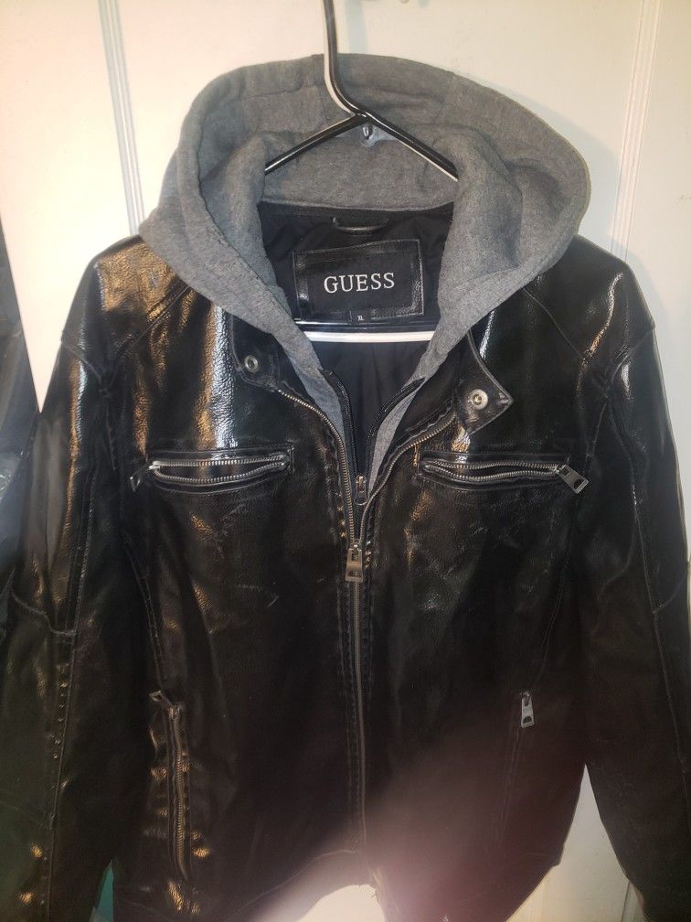 Guess Leather Hooded Moto Jacket. Mens Size XL