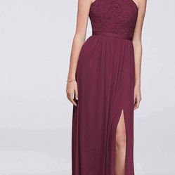 David's Bridal 0 Open Back Lace Mesh Halter Dress In Wine Color 
