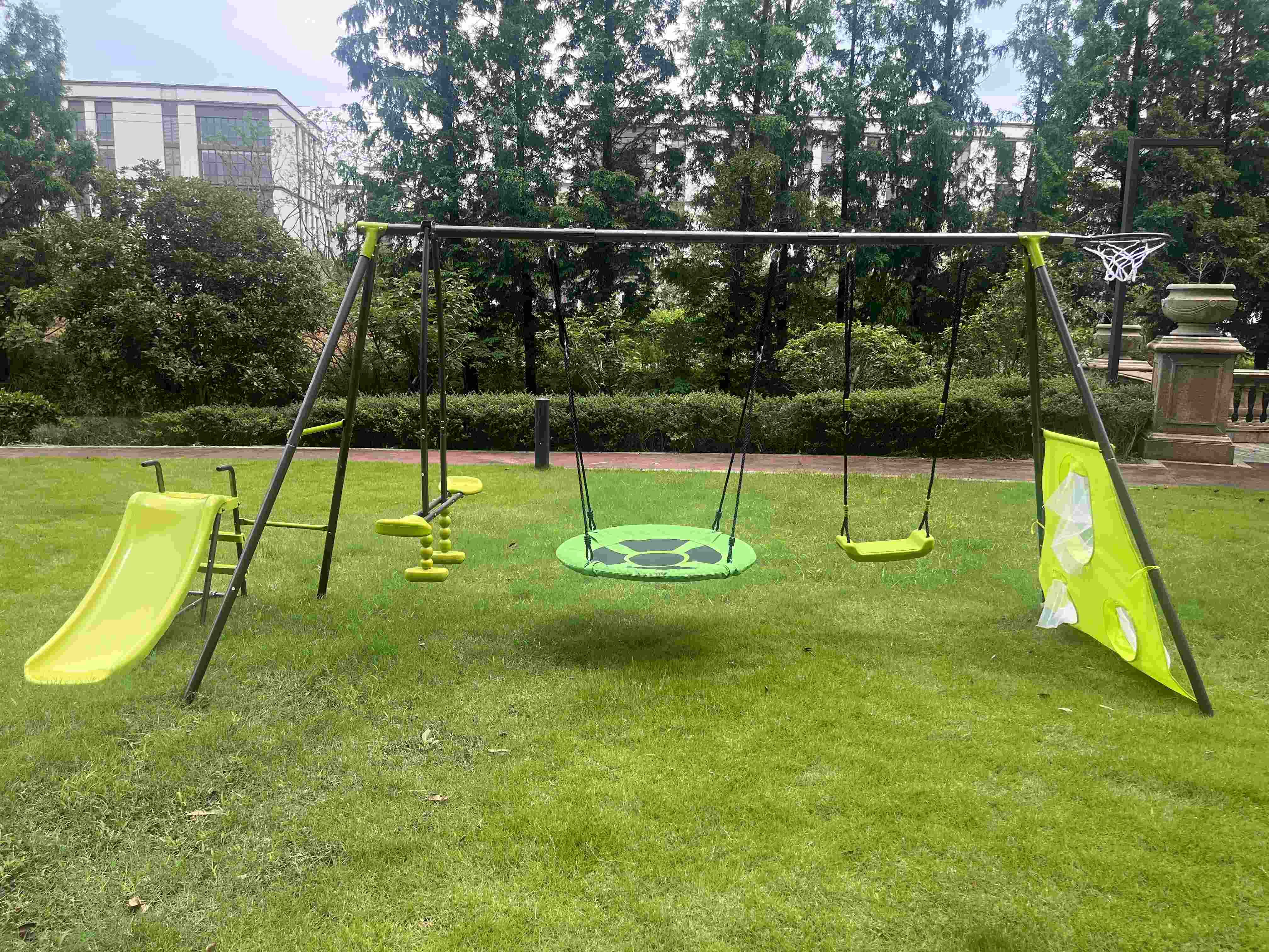 XNS052 green and blue interesting six function swingset with net swing metal plastic safe swing set 440lbs for outdoor playground for age 3+ with 31.5