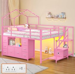 Full Size Low Loft Bed with 9 Storage Drawers and LED Lights,Loft Bed for Girls with 13.8''H Safety Guardrail and Stairs, Bookcase, Charging Station,