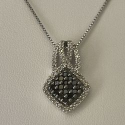 Sterling Silver ~1/2CTW Black & White Diamond Cluster Pendant 18”Box Chain 