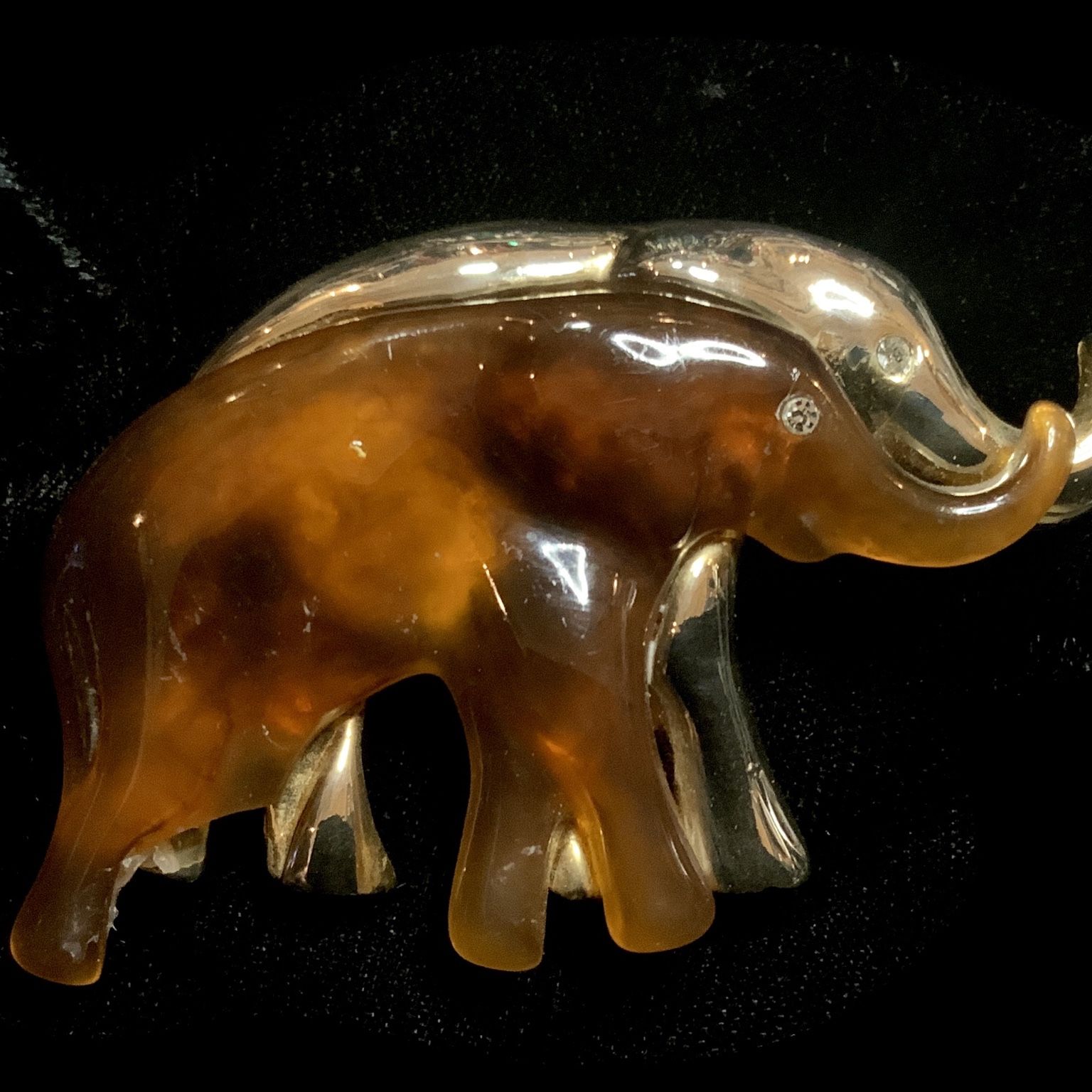 Vintage Bakelite & Gold Tone Elephant Brooch W/ Swarovski Crystal Eyes