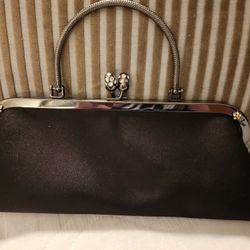 La Regale Black Satin Evening Bag w/Metal Handle