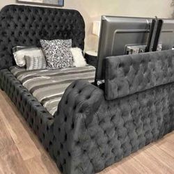 Bed frame with Fireplace and heater and TV mount King and Queen sizes Black