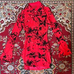 Red Velvet Flocked Floral Bell Sleeve Mini Dress
