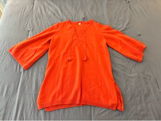 Margaret O'Leary 100% Cashmere Boho Tassel Tie Sweater Coral Wide Sleeve