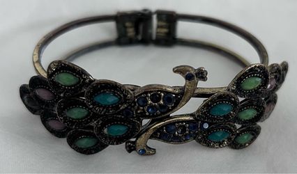Brass Jeweled Peacock Hinged Bracelet