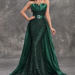 New Evening Gown Women’s Small Detachable Tail Green 