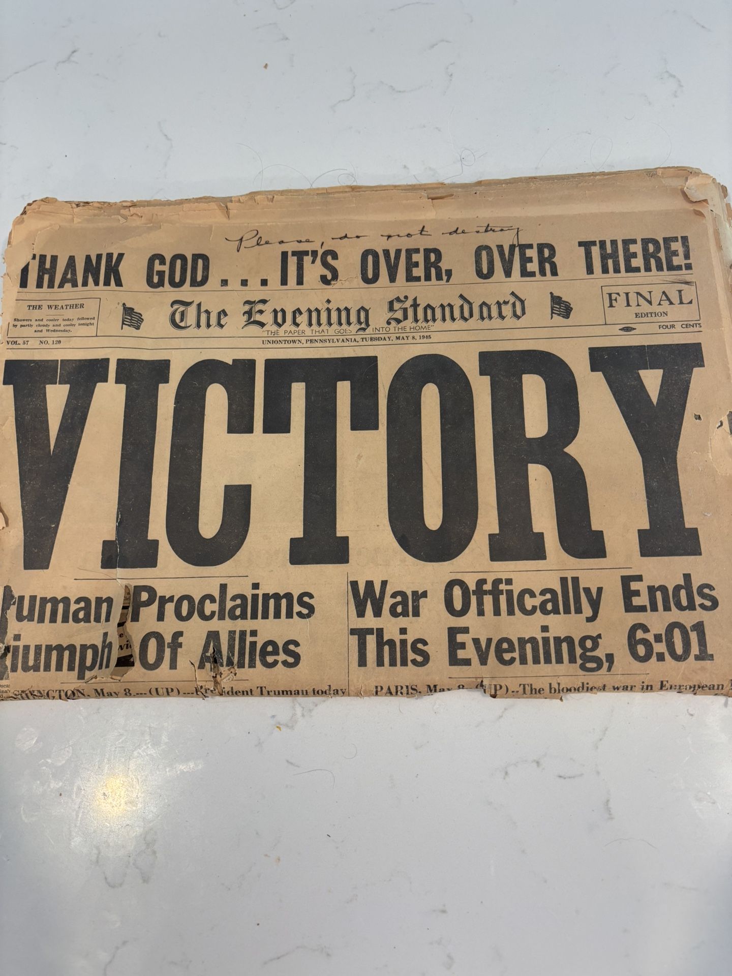 Rare Original WWII Newspaper From Pennsylvania
