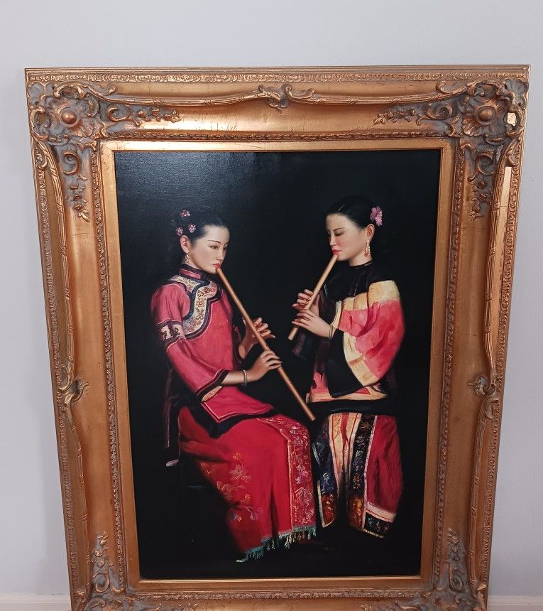Chinese Fine Art Flute Oil Painting Oriental Asian L. Curran Large