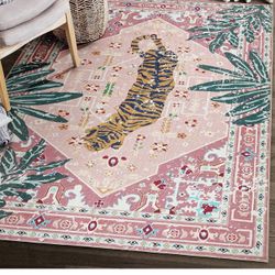 Washable Pink Rugs Boho Vintage Tropical Jungle 8x10 Area Rugs