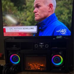 75” tv stand with fire place and stereo system