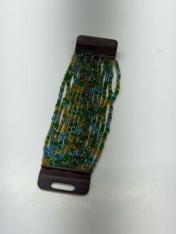 Multistrand Glass Bead Bracelet Blue Green Brown Wood Clasp Boho Wide Cuff
