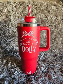 Dolly Parton Christmas Tumbler with Handle RED