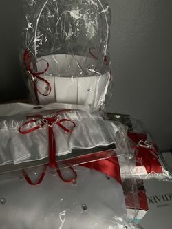 Wedding flower basket, ring bearer pillow, and garter set