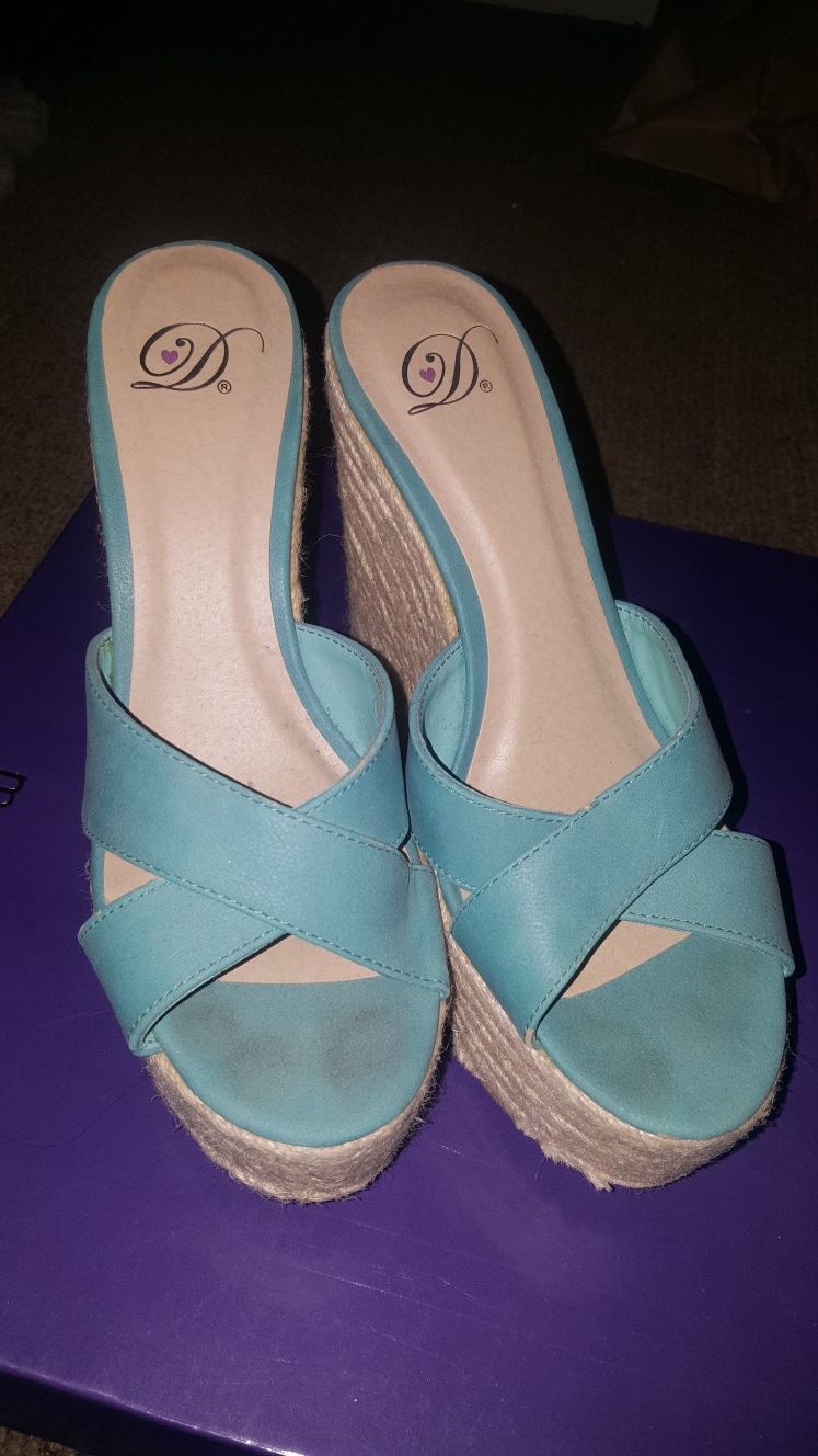 Turquoise slip on wedges