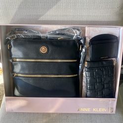 Anne Klein black faux leather 3 piece accessory set crossbody card case eyeglass