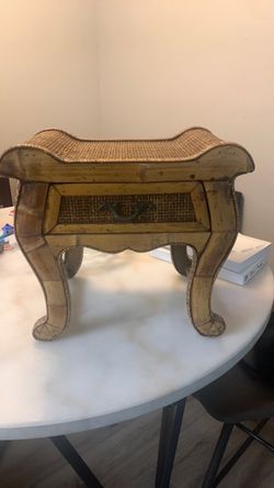 Vintage Rattan & Wood Footstool with Drawer