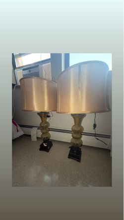 Pair of Amber Glass Table Lamps with Gold Shades
