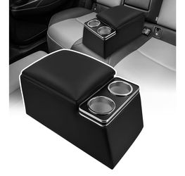 Universal Truck Seat Organizer with Cup Holders, Rear Bench Seat Center Consoles with Armrest Middle Storage Box, Padded Top Lid for Armrest, Black