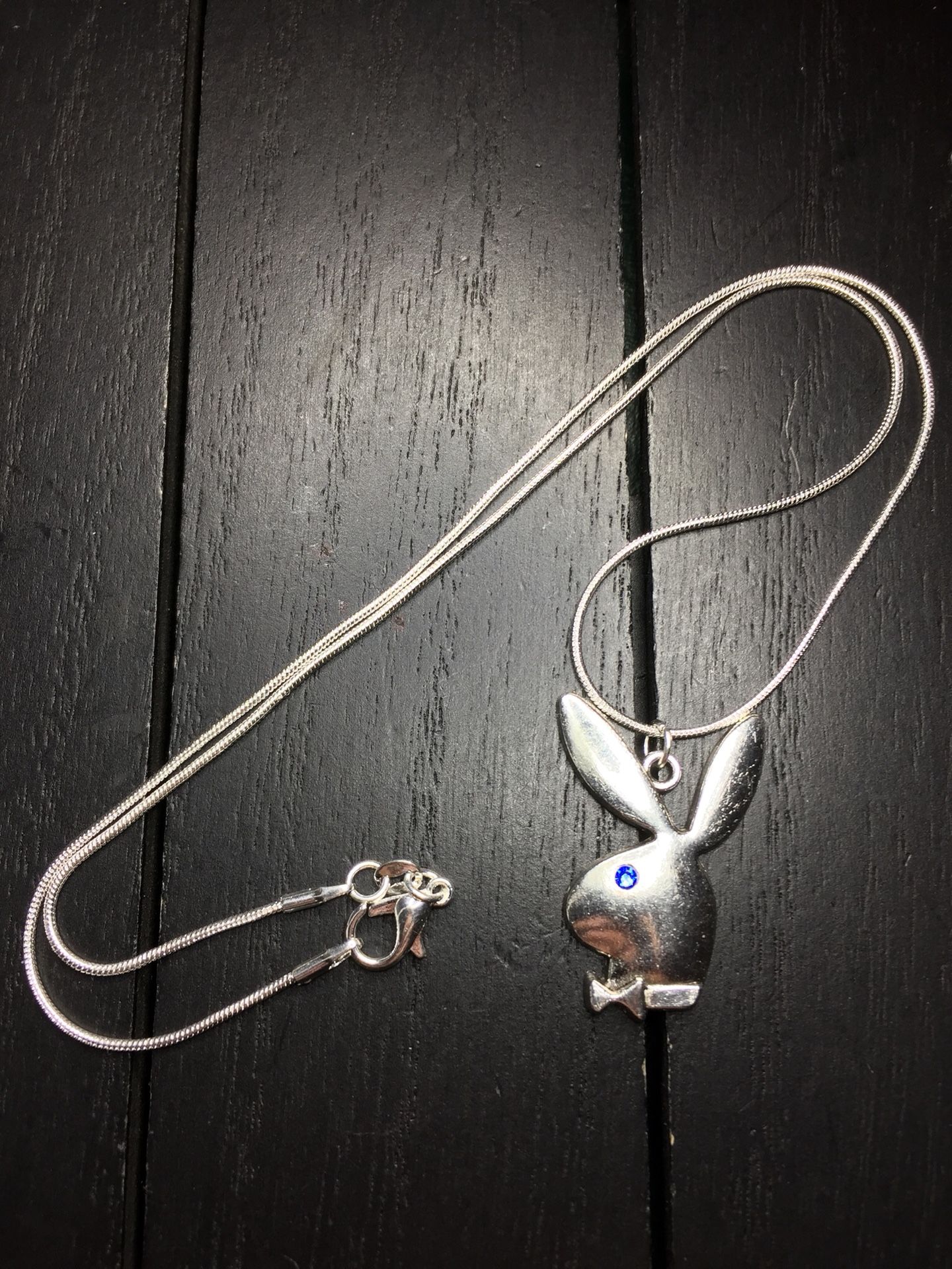 18”, 20”, 22” or 24” Blue Swarovski Glass Crystal Eye/ Silver Plated Necklace with Playboy Bunny Pendant (free gift! pictured last)