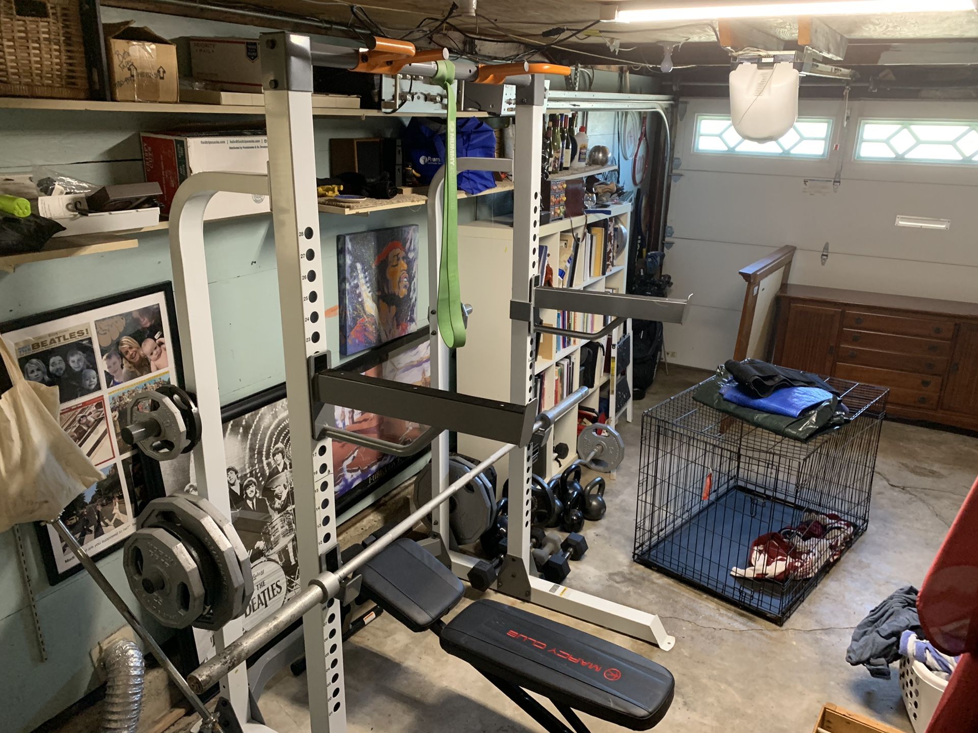 Squat rack/bench rack: Fitness Gear Pro Half Rack. Olympic bar, plates, kettlebells, curl bar and more!