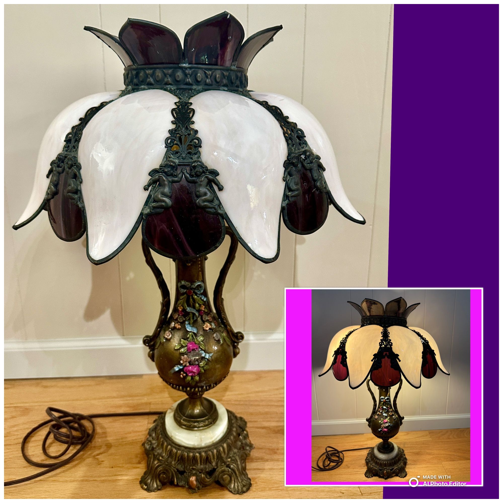 1 RARE Victorian Art Nouveau Stained Slag Glass 2 Bulb Table Lamp W/ Hand-Painted Brass Marble Base