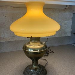 Antique  1895 BRASS OIL LAMP Yellow GLASS SHADE CONVERTED TO ELECTRIC PARLOR LIGHT