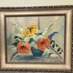 Picture Of Original Art Flowers In Wood Frame 