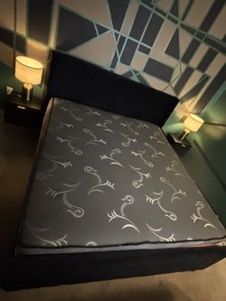 King Size Bed Frame with European Top Mattress And Two Two Night Stands With Lamps (All Included) 