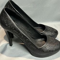 Diesel Black Leather Platform Flower Stud Studded Heels