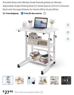 Portable Desk with Wheels Small Standing Desk on Wheels Adjustable Height Rolling Desk for Small Spaces 32 Inch Computer Desk with Storage Shelves for