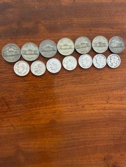 Silver coins x 14 (7 silver dimes & 7 silver war nickels)