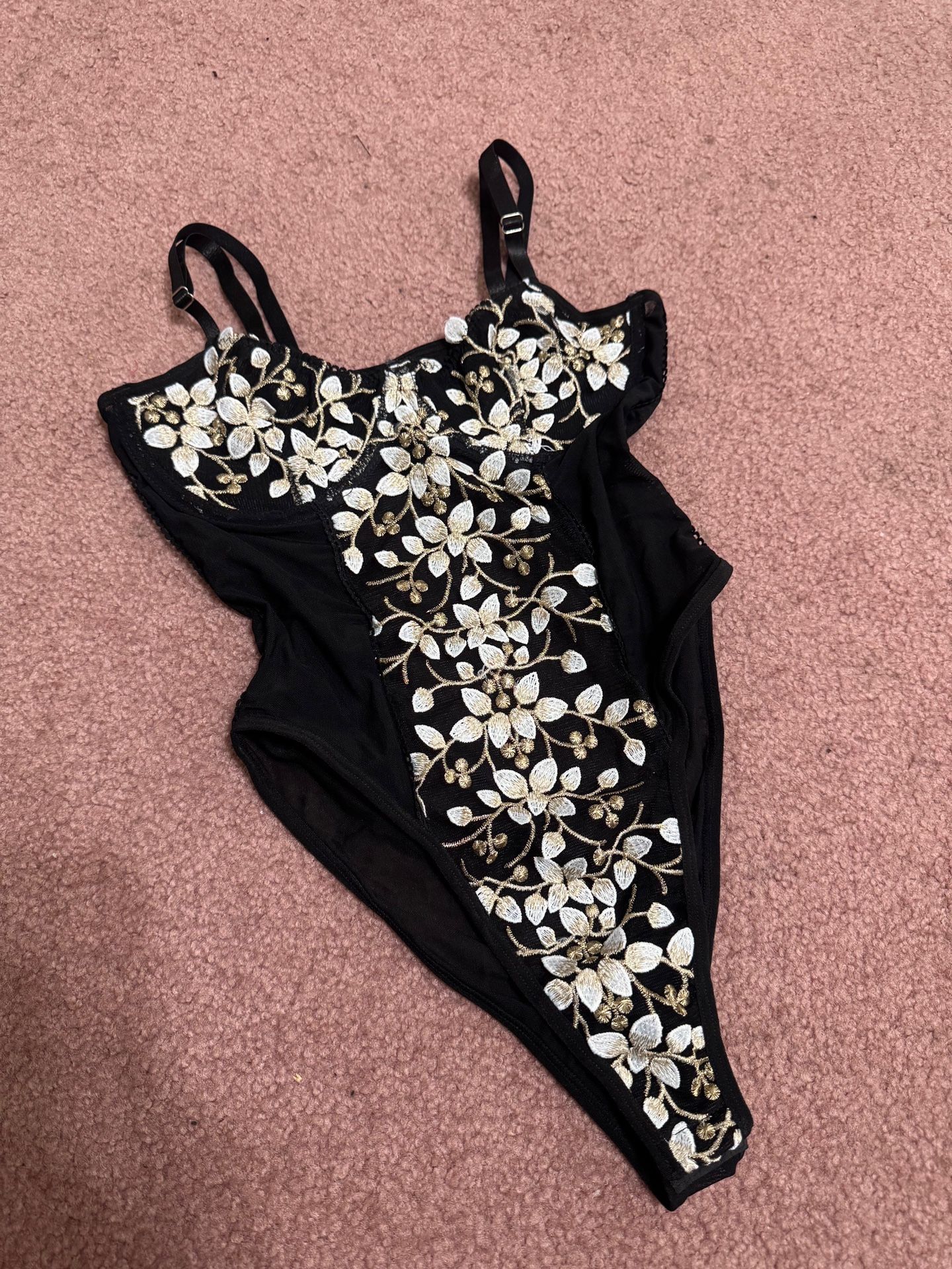 New Small Black Floral Embroidery Bodysuit Boho Festival