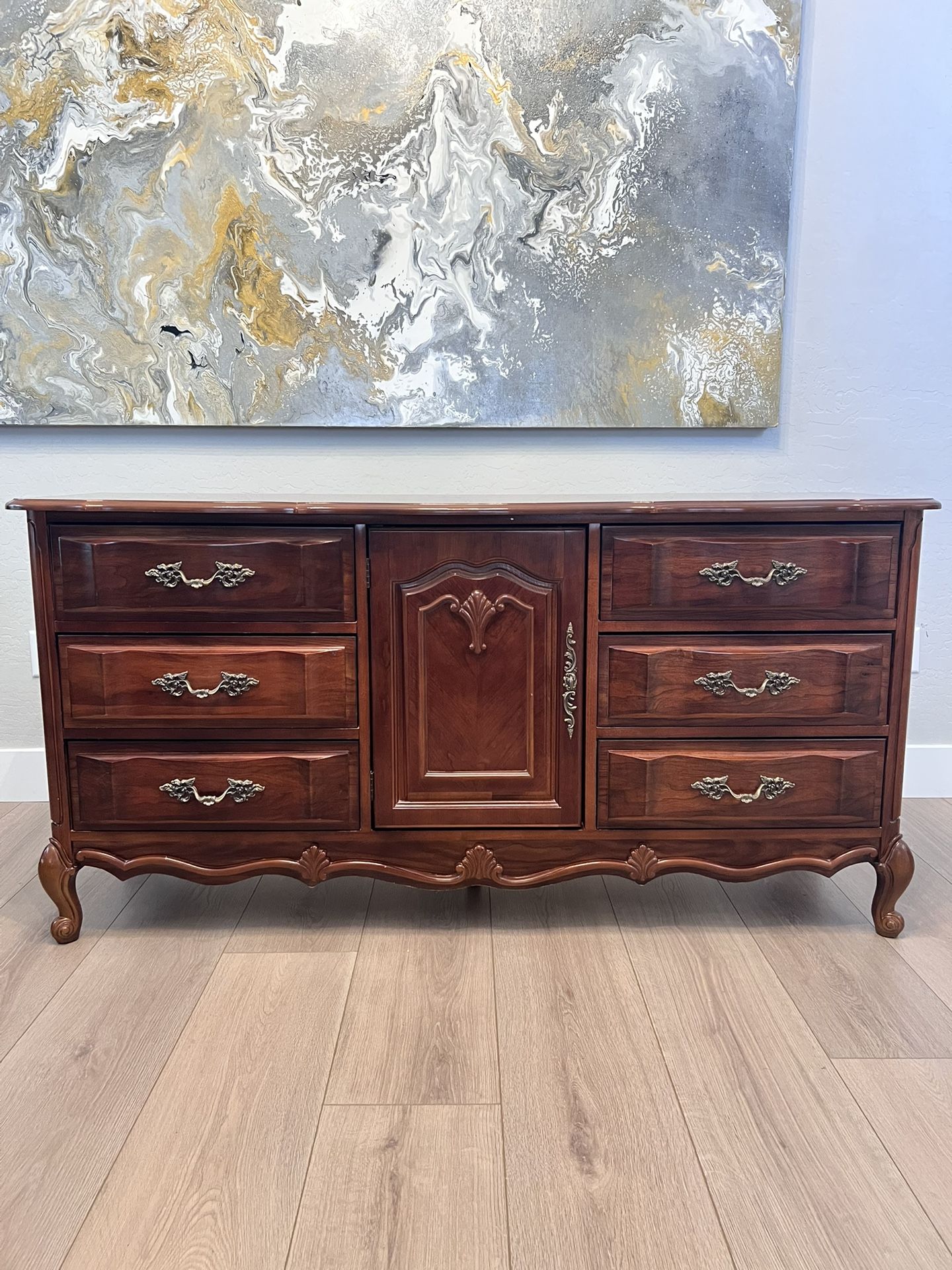 Antique 9 Drawer French Provincial Dresser BASSETT FURNITURE - Chalon Cherry 64" Country French Dresser