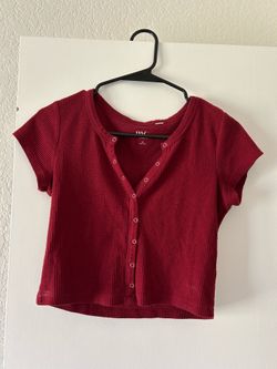 PacSun Ribbed Snap-Front Crop Top - Wine Red Size Medium