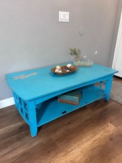 Rustic Turquoise Coffee Table with Storage Shelf