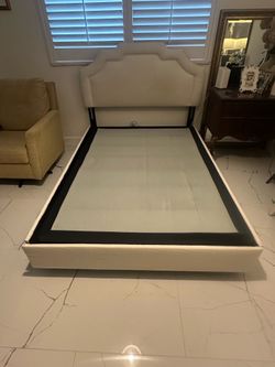 Upholstered Bed Frame with Shaped Headboard – Queen Size (Cream)
