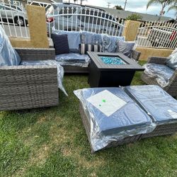 Brand New Patio Outdoor Furniture Set With Fire Pit Swivel Chairs
