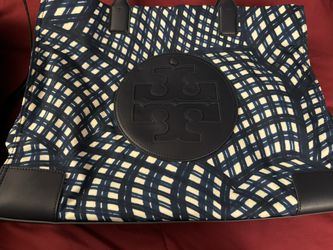 Tory Burch Ella Printed Tote Bag, Dark Blue Navy Warped Gingham