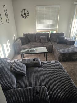 Gray Corduroy Sectional Sofa with Ottoman