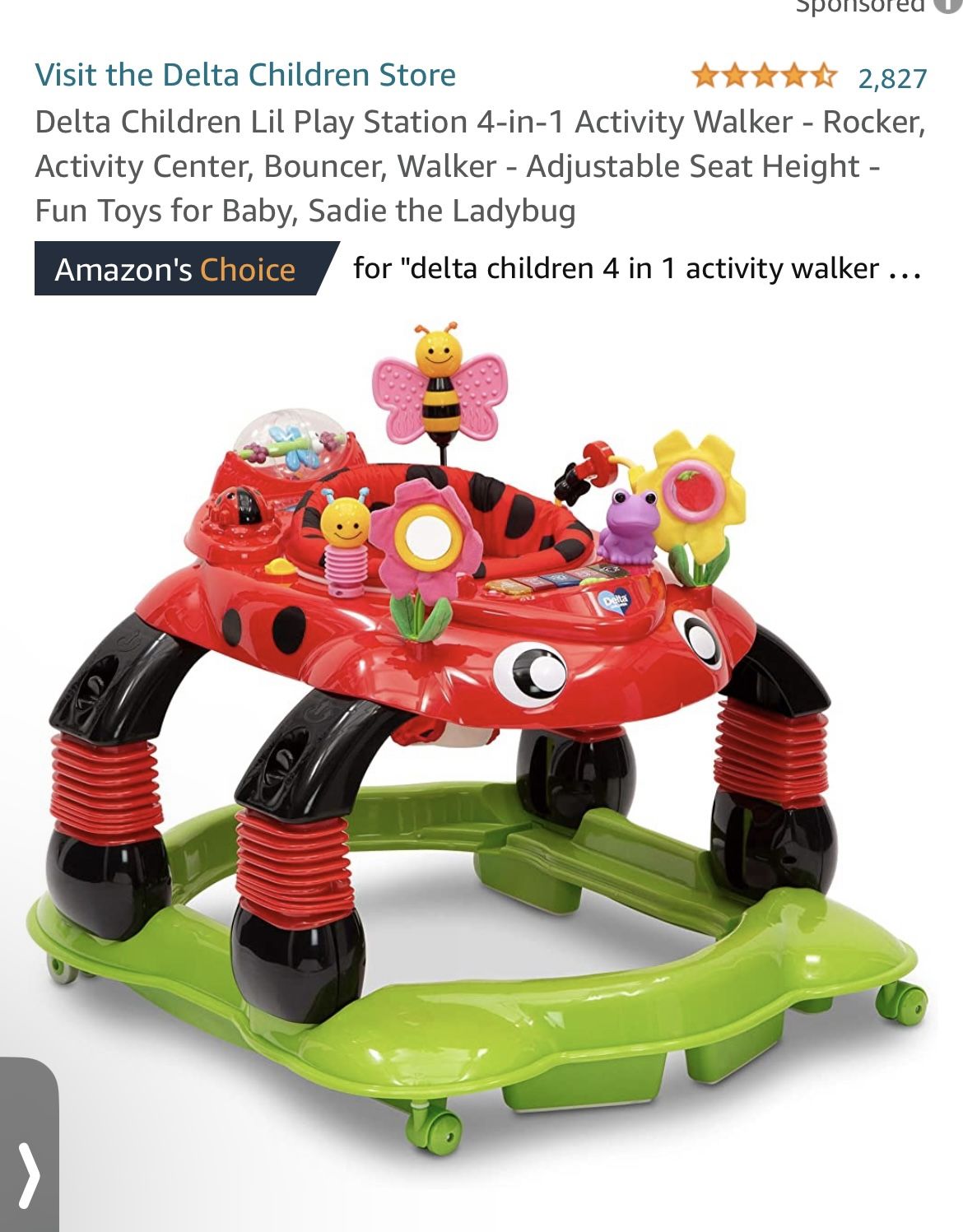 Delta Children Lil Play Station 4-in-1 Activity Walker - Rocker, Activity Center, Bouncer, Walker - Adjustable Seat Height - Fun Toys for Baby, Sadie
