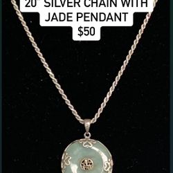 20” Silver Chain With Jade Pendant #25617